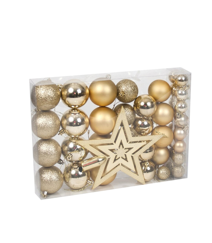 Tradineur - Set de 42 bolas de navidad de color dorado con tamaños y diseños surtidos y 1 estrella en dorado, ideal para completar el arbol navideño. Set para decoracion navideña.