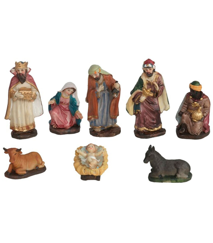 Tradineur - Set 8 figuras principales para belén navideño, resina, personajes del nacimiento, Reyes Magos, pesebre, Navidad, decoración tradicional, 12 cm