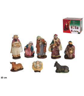 Tradineur - Set 8 figuras principales para belén navideño, resina, personajes del nacimiento, Reyes Magos, pesebre, Navidad, decoración tradicional, 12 cm