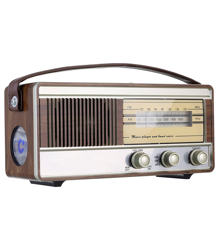 Tradineur - Radio vintage "Soul" portátil con asa y linterna, bluetooth, bandas AM/FM, batería recargable, ranuras usb y micro SD, antena retráctil (10 x 23 x 7,7 cm)