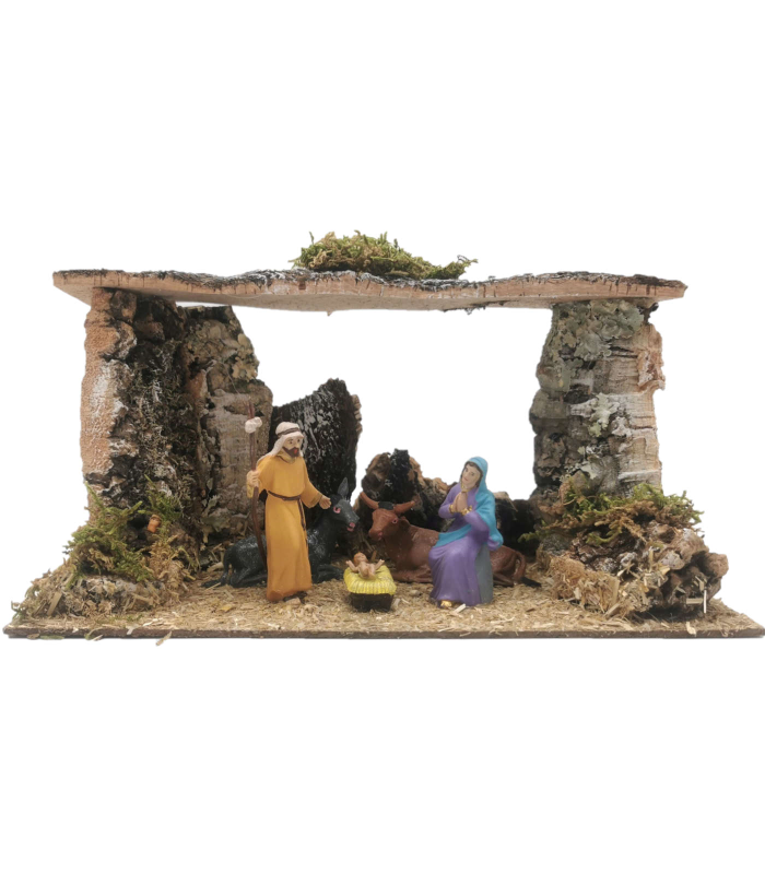 Tradineur - Pesebre con figuras, cueva de nacimiento para belén 14,5 x 27 x 15 cm, corcho y resina, portal de belén con el niño Jesús, la Virgen María, José, buey y mula, decoración navideña