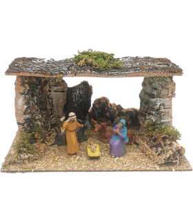 Tradineur - Pesebre con figuras, cueva de nacimiento para belén 14,5 x 27 x 15 cm, corcho y resina, portal de belén con el niño Jesús, la Virgen María, José, buey y mula, decoración navideña