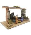 Tradineur - Pesebre con figuras, cueva de nacimiento para belén 14,5 x 27 x 15 cm, corcho y resina, portal de belén con el niño Jesús, la Virgen María, José, buey y mula, decoración navideña