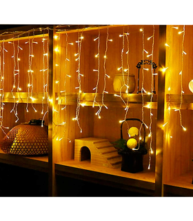 Tradineur - Cortina de 144 luces navideñas LEDs a pilas - Apto para interiores y exteriores - Función de luz foja e intermitente - Color Luz cálida