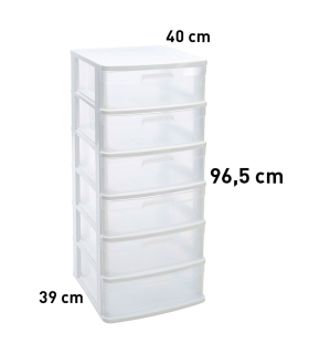 Tradineur - Cajonera de almacenaje Sena con 6 cajones opacos, plástico, torre de ordenación multiusos, hogar, 96,5 x 40 x 39 cm, blanco