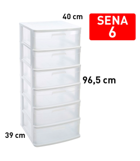 Tradineur - Cajonera de almacenaje Sena con 6 cajones opacos, plástico, torre de ordenación multiusos, hogar, 96,5 x 40 x 39 cm, blanco