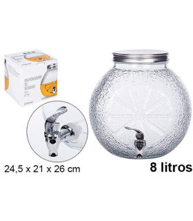 Tradineur - Tarro dispensador con grifo - Diseño de naranja de cristal - Capacidad de 8 Litros - Recipiente para servir agua, bebidas frías, refrescos - 26 x 24,5 x 21 cm