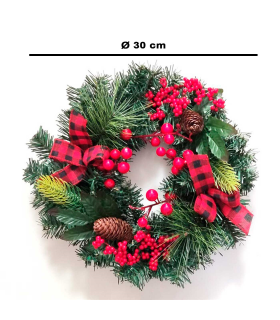 Tradineur - Corona de navidad con piñas, lazos y racimos de bayas rojas, guirnalda decorativa artificial, adorno colgante para puerta, pared, mesa, Ø 30 cm