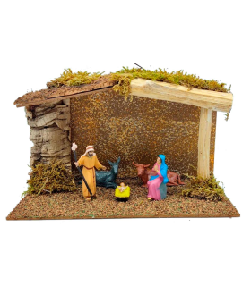 Tradineur - Cueva con figuras del nacimiento de belén - Fabricado en madera y resina - Incluye niño Jesús, virgen María, José, buey y mula - Decoración navidad tradicional - 17 x 27 x 16 cm