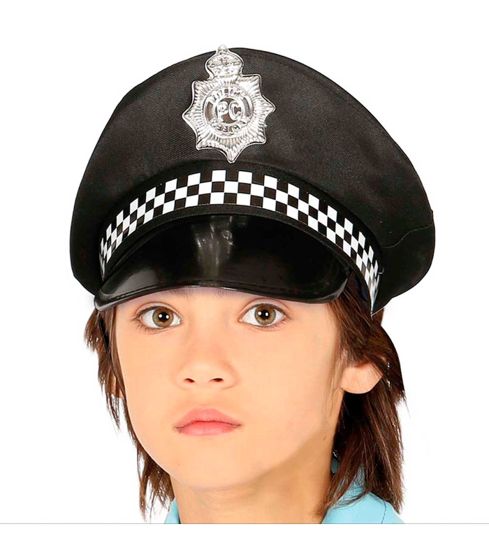 Tradineur - Gorra de policía infantil, poliéster, sombrero de niño, gorro para disfraces, accesorio de carnaval, Halloween, cosplay, fiestas (Negro, unisex, talla única)