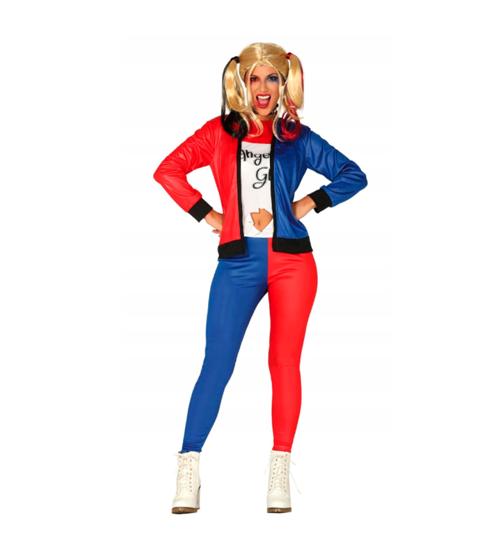 Tradineur - Disfraz de dangerous girl para adulto, Harley Quinn, 100% poliéster, incluye chaqueta con camiseta y pantalón, atuendo de carnaval, Halloween, cosplay (Mujer, Talla M)