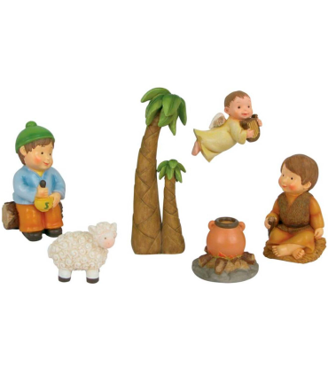 Tradineur - Set de 6 figuras anunciación Naïf para belén navideño, marmolina, 2 campesinos, ángel, palmera, oveja y fogata, decoración nacimiento, 8 cm