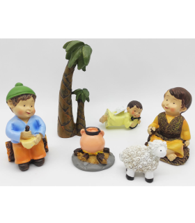 Tradineur - Set de 6 figuras anunciación Naïf para belén navideño, marmolina, 2 campesinos, ángel, palmera, oveja y fogata, decoración nacimiento, 8 cm