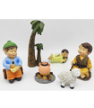 Tradineur - Set de 6 figuras anunciación Naïf para belén navideño, marmolina, 2 campesinos, ángel, palmera, oveja y fogata, decoración nacimiento, 8 cm