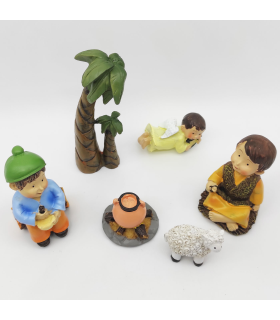 Tradineur - Set de 6 figuras anunciación Naïf para belén navideño, marmolina, 2 campesinos, ángel, palmera, oveja y fogata, decoración nacimiento, 8 cm