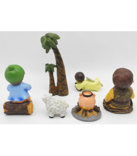 Tradineur - Set de 6 figuras anunciación Naïf para belén navideño, marmolina, 2 campesinos, ángel, palmera, oveja y fogata, decoración nacimiento, 8 cm