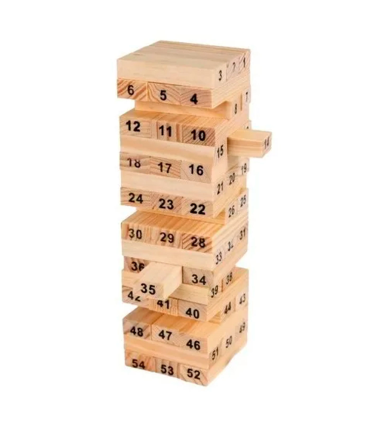 Tradineur - Juego de bloques de madera, 54 fichas numeradas, 4 dados, construcción de torre apilable, habilidad, familia, 15,8 x 5 x 5 cm