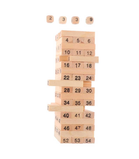 Tradineur - Juego de bloques de madera, 54 fichas numeradas, 4 dados, construcción de torre apilable, habilidad, familia, 15,8 x 5 x 5 cm