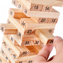 Tradineur - Juego de bloques de madera, 54 fichas numeradas, 4 dados, construcción de torre apilable, habilidad, familia, 26 x 7