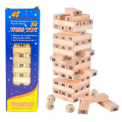 Tradineur - Juego de bloques de madera, 54 fichas numeradas, 4 dados, construcción de torre apilable, habilidad, familia, 26 x 7