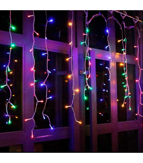 Tradineur - Cortina de 144 luces navideñas LEDs a pilas - Apto para interiores y exteriores - Función de luz foja e intermitente - Multicolor