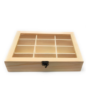 Tradineur - Caja de madera, 12 compartimentos y tapa de cristal 25,8 x 19,8 x 5 cm, joyero, caja guardar joyas, objetos pequeños con ventana transparente, modelo aleatorio