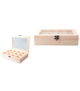 Tradineur - Caja de madera, 12 compartimentos y tapa de cristal 25,8 x 19,8 x 5 cm, joyero, caja guardar joyas, objetos pequeños con ventana transparente, modelo aleatorio