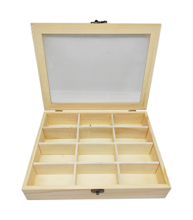 Tradineur - Caja de madera, 12 compartimentos y tapa de cristal 25,8 x 19,8 x 5 cm, joyero, caja guardar joyas, objetos pequeños con ventana transparente, modelo aleatorio