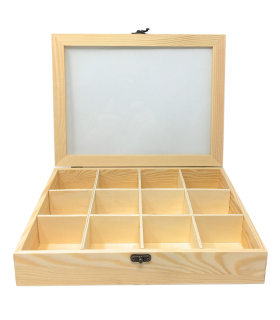 Tradineur - Caja de madera, 12 compartimentos y tapa de cristal 25,8 x 19,8 x 5 cm, joyero, caja guardar joyas, objetos pequeños con ventana transparente, modelo aleatorio