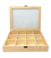 Tradineur - Caja de madera, 12 compartimentos y tapa de cristal 25,8 x 19,8 x 5 cm, joyero, caja guardar joyas, objetos pequeños con ventana transparente, modelo aleatorio