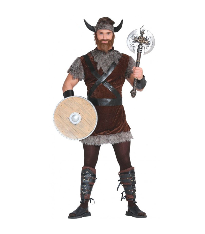 Tradineur - Disfraz de vikingo para adulto, poliéster, incluye cinta con cuernos, manguitos, casaca y cinturones, atuendo de carnaval, Halloween, cosplay (Hombre, Talla L)