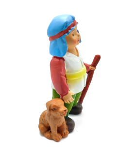 Tradineur - Figura de pastor con perro para Belén - Estilo naïf - Marmolina - Adorno divertido para nacimiento, Navidad, decoración tradicional, 10 x 7,5 x 4 cm