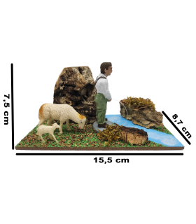 Tradineur - Meón con río y corderos para Belén, resina y corcho, pixaner decorativo para nacimiento, pesebre, Navidad, adorno divertido tradicional, 7,5 x 15,5 x 8,7 cm