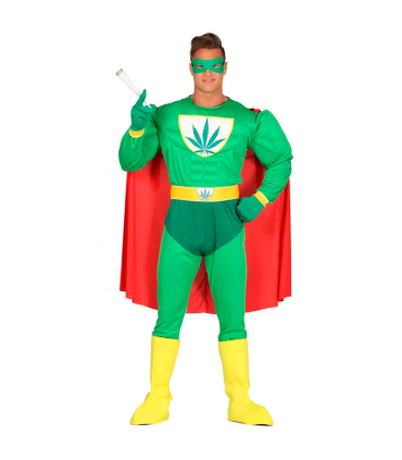 Tradineur - Disfraz de superhéroe marihuana para adulto, poliéster, incluye antifaz, capa, mono, guantes y cinturón, atuendo de carnaval, Halloween, cosplay (Hombre, Talla L)