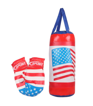 Tradineur - Saco de boxeo de juguete con guantes, PVC, diseño con bandera de Estados Unidos, USA, infantil, niños, deporte (Rojo y azul, 48 x 16 cm)