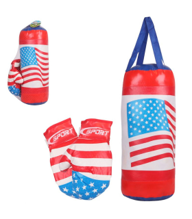 Tradineur - Saco de boxeo de juguete con guantes, PVC, diseño con bandera de Estados Unidos, USA, infantil, niños, deporte (Rojo y azul, 48 x 16 cm)