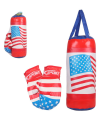 Tradineur - Saco de boxeo de juguete con guantes, PVC, diseño con bandera de Estados Unidos, USA, infantil, niños, deporte (Rojo y azul, 48 x 16 cm)