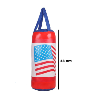 Tradineur - Saco de boxeo de juguete con guantes, PVC, diseño con bandera de Estados Unidos, USA, infantil, niños, deporte (Rojo y azul, 48 x 16 cm)