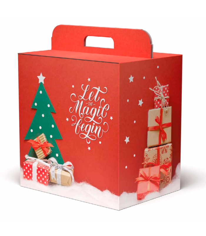 Tradineur - Caja de cartón para lote de Navidad, caja plegable con asa, guardar regalos, botellas vino, resistente (Rojo - 28 x 20,5 x 34 cm)