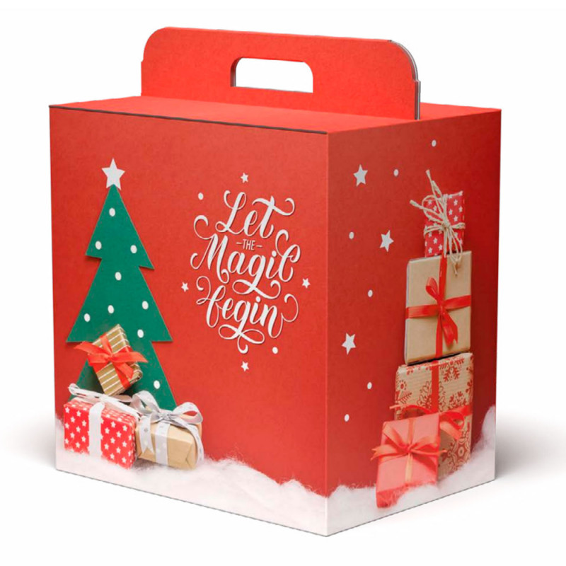 Tradineur - Caja de cartón para lote de Navidad, caja plegable con asa, guardar regalos, botellas vino, resistente (Rojo - Magic Tradineur - Caja de cartón para lote de Navidad, caja plegable con asa, guardar regalos, botellas vino, resistente (Rojo - Magic