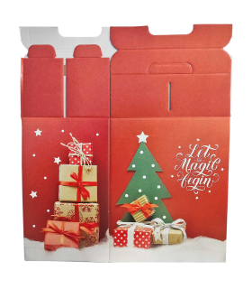 Tradineur - Caja de cartón para lote de Navidad, caja plegable con asa, guardar regalos, botellas vino, resistente (Rojo - 28 x 20,5 x 34 cm)