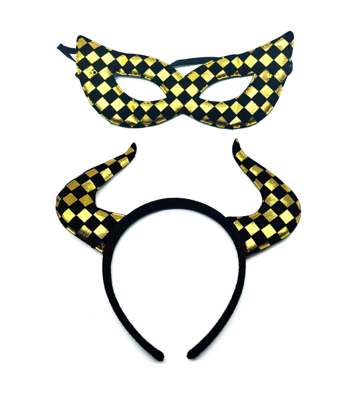 Tradineur - Diadema con cuernos y antifaz - Fabricado en poliéster - Accesorio para disfraces - Diseño a cuadros en color negro y dorado, carnaval, Halloween