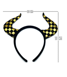 Tradineur - Diadema con cuernos y antifaz - Fabricado en poliéster - Accesorio para disfraces - Diseño a cuadros en color negro y dorado, carnaval, Halloween