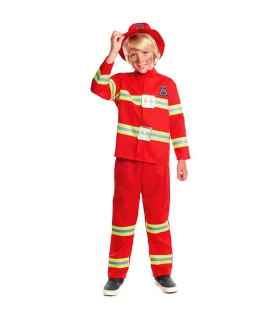 Tradineur - Disfraz de bombero infantil unisex - Fabricado en fibra sintética - Incluye camiseta, pantalón y gorro - Carnaval, Halloween, cosplay (3 - 4 años)