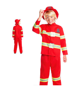 Tradineur - Disfraz de bombero infantil unisex - Fabricado en fibra sintética - Incluye camiseta, pantalón y gorro - Carnaval, Halloween, cosplay (3 - 4 años)