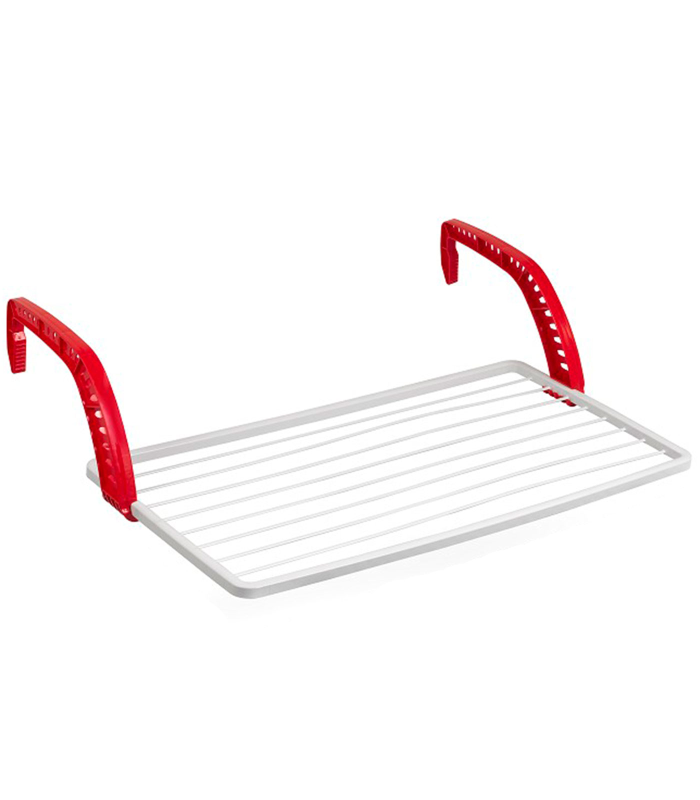 Tradineur - Tendedero plegable de resina para balcón - 10 metros de tendido - Fabricado en España - Soporte para tender ropa (Blanco y rojo - 100 x 54,5 x 27 cm)