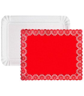 Tradienur - Pack de 6 bandejas con blondas rojas rectangular - Fabricación de cartón que incluyen blondas caladas 100% reciclables - Apto para uso alimentario - 25 x 35 cm - Color Blanco