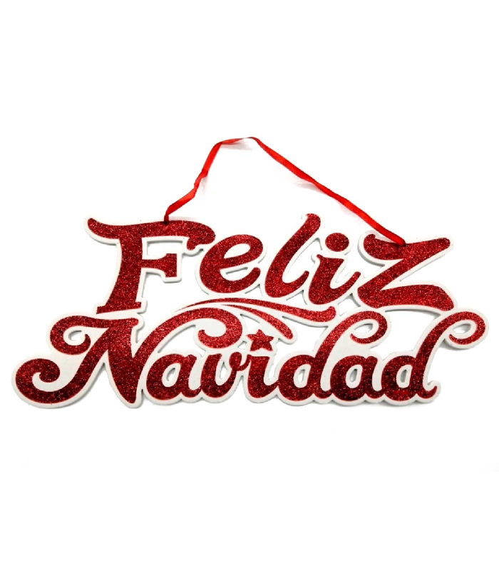 Tradineur - Letreros Colgantes "Feliz Navidad" estilo Brillantina - Fabricado en Plástico - Decoración para temporada navideña - 18 x 43 cm - Color Rojo