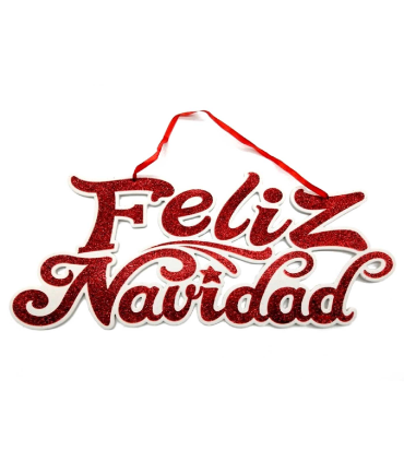 Tradineur - Letreros Colgantes "Feliz Navidad" estilo Brillantina - Fabricado en Plástico - Decoración para temporada navideña - 18 x 43 cm - Color Rojo