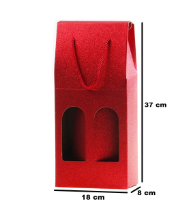 Tradineur - Caja de cartón con purpurina y ventanas, apta para 2 botellas de vino, incluye asas, guardar, regalar, envolver champán, Navidad, 37 x 18 x 8 cm, color aleatorio